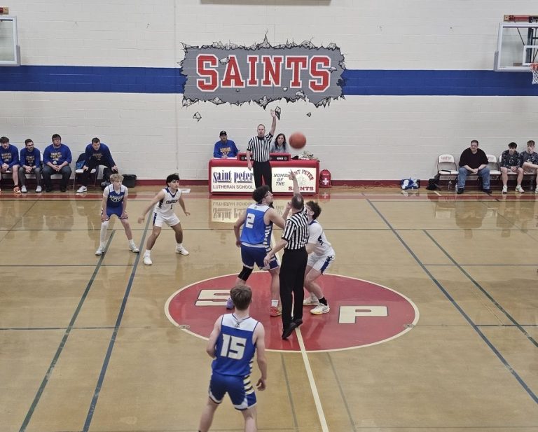 Opening tip-off of a Decatur Christian Warriors high school basketball game
