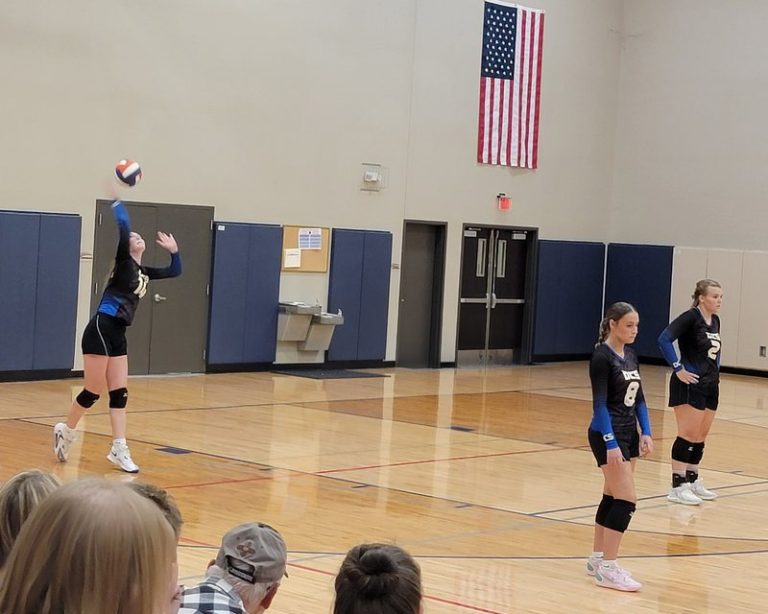A Decatur Christian volleyball player serves during a match